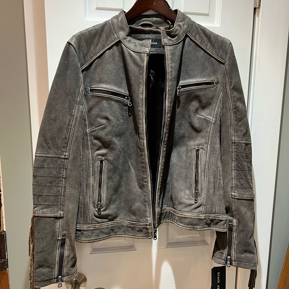 NWT- Black Rivet Dark black washed Leather Jacket